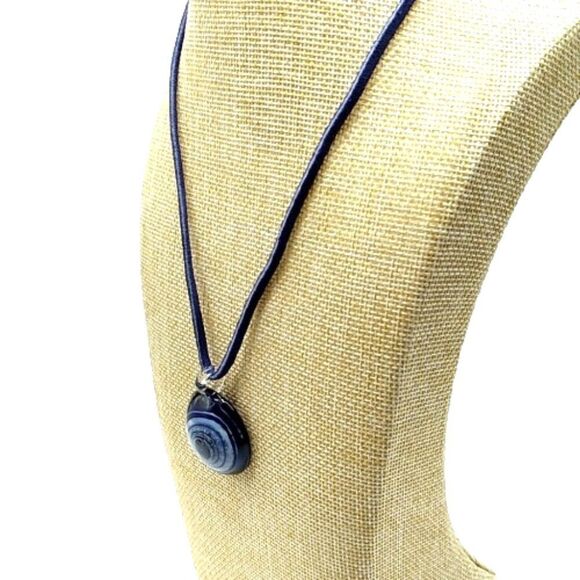 Evil Eye Necklace, Navy Blue Evil Eye Glass Disc Pendant On Black Cord - Picture 6 of 12